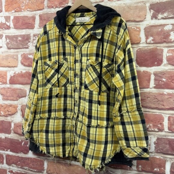 Free People Calico Basin Shirt Jacket Women's M Yellow Plaid Distressed Hoodie - Picture 3 of 8